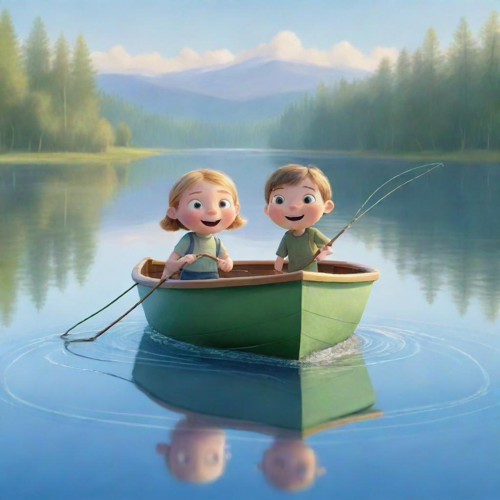 A playful, cartoon-style image of Finn and Fiona in a small boat on a glistening lake, their fishing lines cast into the water. The kids express excitement and wonder, a moment that's simple yet charming to draw.