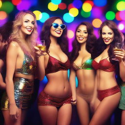 A hot party with several sexy, fair-skinned, and beautiful women wearing short party clothing in a nighttime bar setting with alcohol