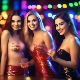 A hot and realistic party with three young, sexy, fair-skinned, and beautiful women wearing short party clothing in a nighttime bar setting with alcohol