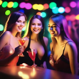 A hot and realistic party with three young, sexy, fair-skinned, and beautiful women wearing short party clothing in a nighttime bar setting with alcohol