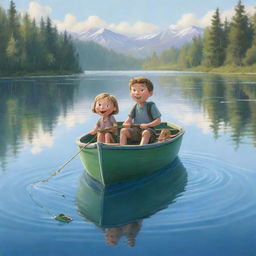 A playful, cartoon-style image of Finn and Fiona in a small boat on a glistening lake, their fishing lines cast into the water. The kids express excitement and wonder, a moment that's simple yet charming to draw.