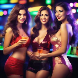 A hot party with three young, sexy, fair-skinned women in party attire at a nighttime bar