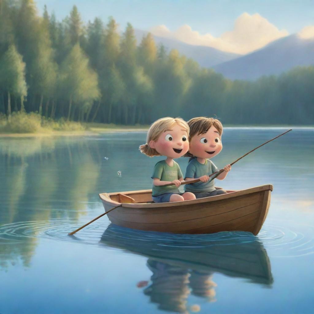 A playful, cartoon-style image of Finn and Fiona in a small boat on a glistening lake, their fishing lines cast into the water. The kids express excitement and wonder, a moment that's simple yet charming to draw.