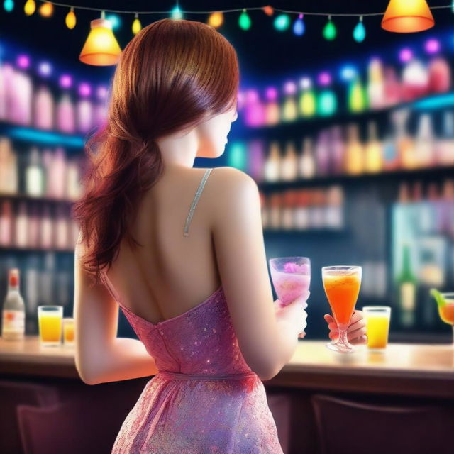 A beautiful and realistic fair-skinned woman in a short dress, seen from behind, holding lingerie in her hand