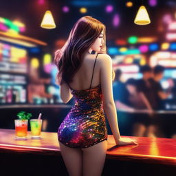 A beautiful, fair-skinned woman in a short dress, seen from behind, holding her underwear in one hand in a nighttime bar filled with drinks