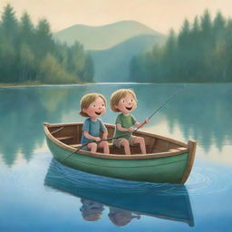 A playful, cartoon-style image of Finn and Fiona in a small boat on a glistening lake, their fishing lines cast into the water. The kids express excitement and wonder, a moment that's simple yet charming to draw.