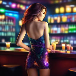 A beautiful, fair-skinned woman in a short dress, seen from behind, holding her underwear in one hand in a nighttime bar filled with drinks