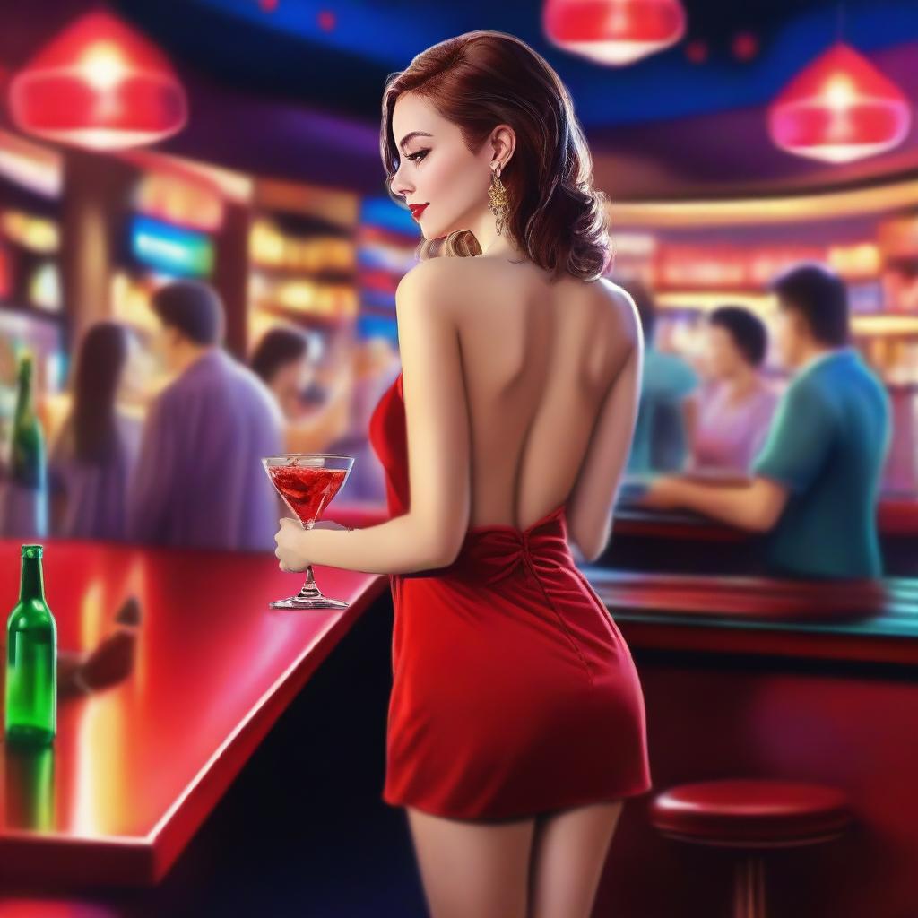 A beautiful, fair-skinned woman in a short red dress, seen from behind, holding her underwear in one hand in a nighttime bar filled with drinks