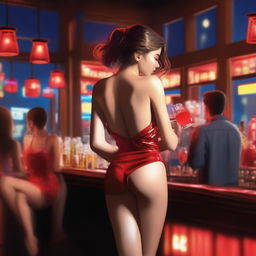 A beautiful, fair-skinned woman in a short red dress, seen from behind, holding her underwear in one hand in a nighttime bar filled with drinks