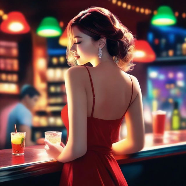 A beautiful, fair-skinned woman in a short red dress, seen from behind, holding her underwear in one hand in a nighttime bar filled with drinks