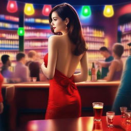 A beautiful, fair-skinned woman in a short red dress, seen from behind, holding her underwear in one hand in a nighttime bar filled with drinks