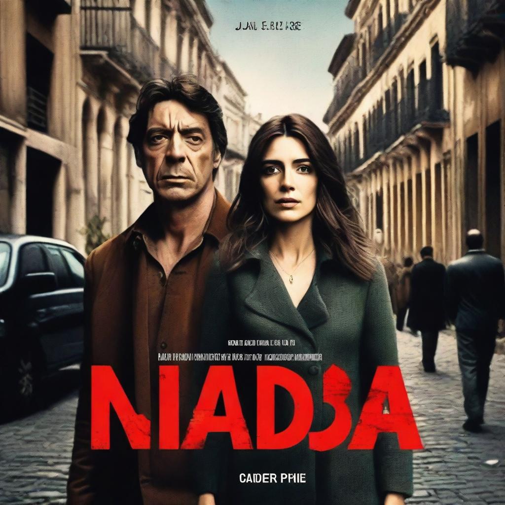 A realistic promotional movie poster for a miniseries based on Carmen Laforet's novel 'Nada', featuring the actress María Valverde as the protagonist and Javier Bardem as Román