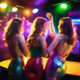 Three fair-skinned women in party clothing, seen from the back, dancing in a bar club with lots of alcohol