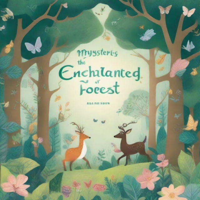 A beautifully illustrated book cover featuring an enchanting forest scene with magical creatures and a hidden treasure