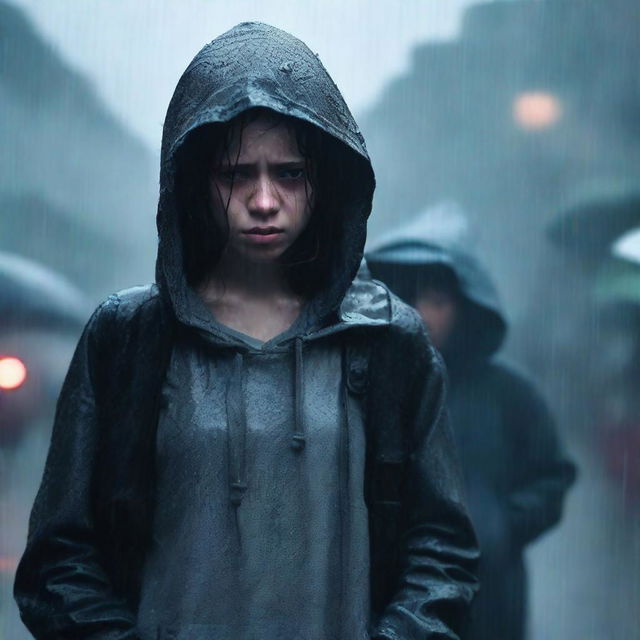 A girl in the rain with one backpack strap on and a gray hoodie looking scared