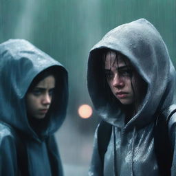 A girl in the rain with one backpack strap on and a gray hoodie looking scared