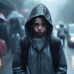 A girl in the rain with one backpack strap on and a gray hoodie looking scared