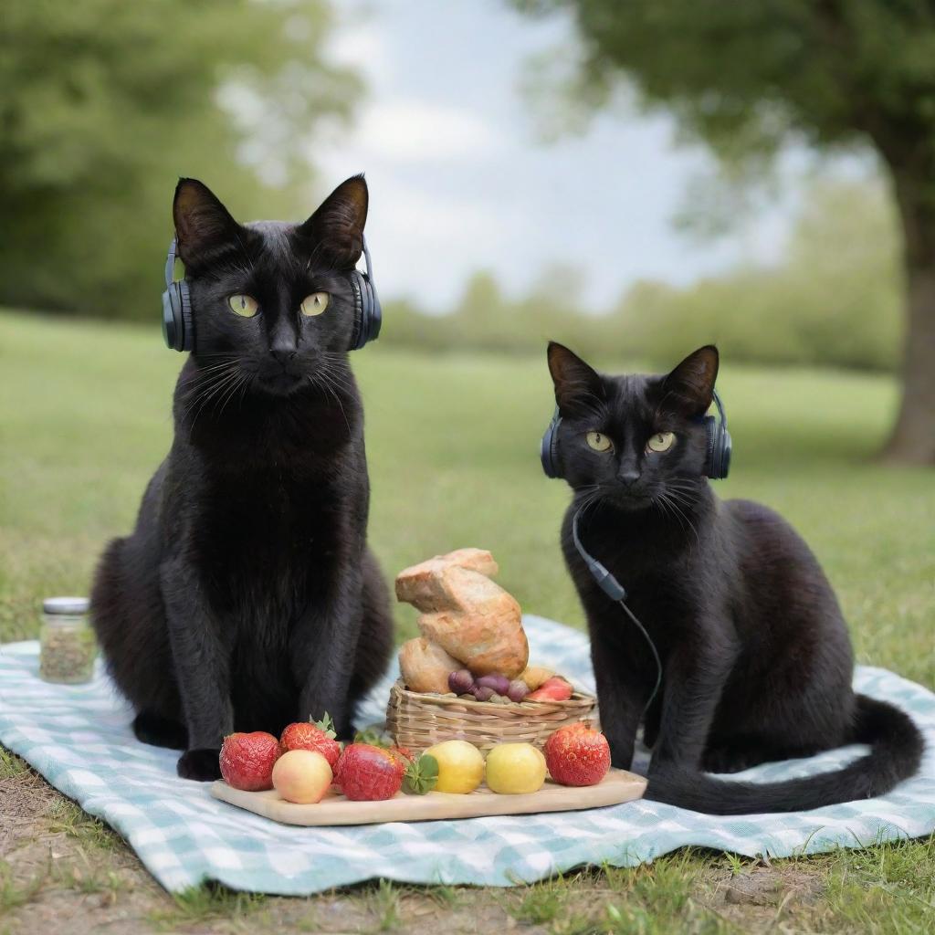 A pair of cats, one being a sleek black feline, both wearing headphones and relishing a serene picnic.