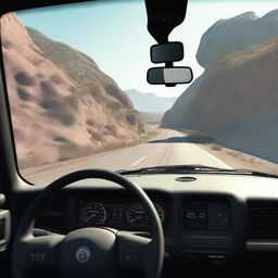 A detailed POV shot from inside a truck, showing the dashboard, steering wheel, and a view of the road ahead through the windshield