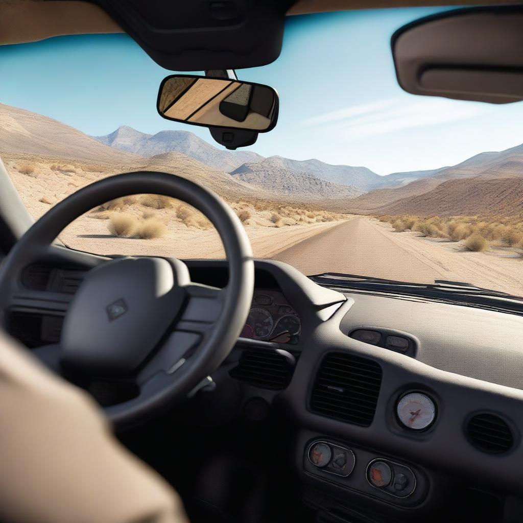 A detailed POV shot from inside a truck, showing the dashboard, steering wheel, and a view of the road ahead through the windshield