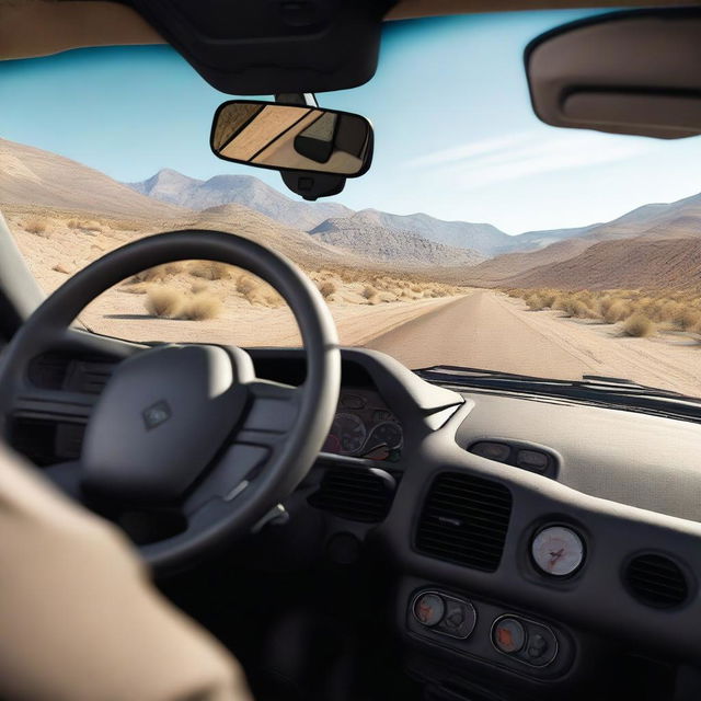 A detailed POV shot from inside a truck, showing the dashboard, steering wheel, and a view of the road ahead through the windshield