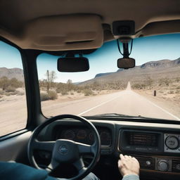 A detailed POV shot from inside a truck, showing the dashboard, steering wheel, and a view of the road ahead through the windshield