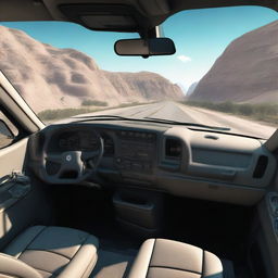 A detailed POV shot from inside a truck, showing the dashboard, steering wheel, and a view of the road ahead through the windshield