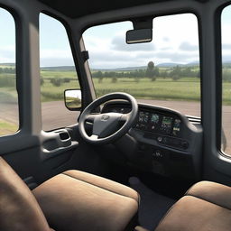 A realistic scene inspired by Euro Truck Simulator, showing the interior of a truck cabin with detailed dashboard, steering wheel, and a clear view of the road ahead