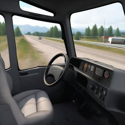 A realistic scene inspired by Euro Truck Simulator, showing the interior of a truck cabin with detailed dashboard, steering wheel, and a clear view of the road ahead