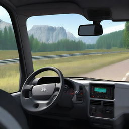 A realistic scene inspired by Euro Truck Simulator, showing the interior of a truck cabin with detailed dashboard, steering wheel, and a clear view of the road ahead