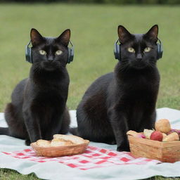 A pair of cats, one being a sleek black feline, both wearing headphones and relishing a serene picnic.