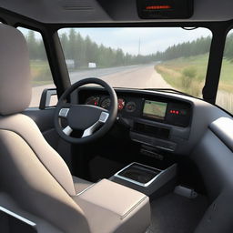 A realistic scene inspired by Euro Truck Simulator, showing the interior of a truck cabin with detailed dashboard, steering wheel, and a clear view of the road ahead