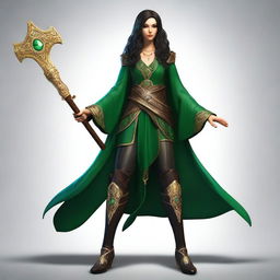 A tall and slender elf sorceress with dark hair and deep eyes