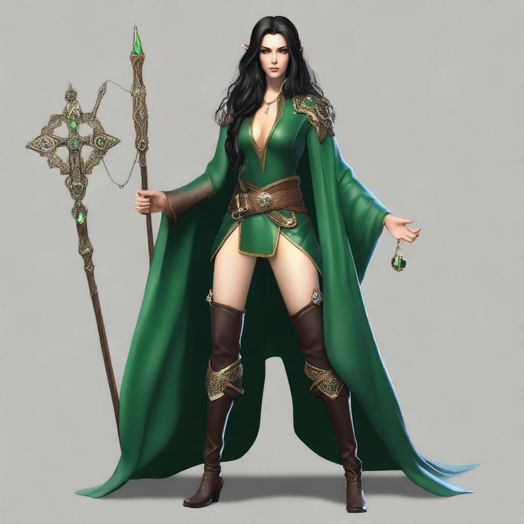 A tall and slender elf sorceress with dark hair and deep eyes