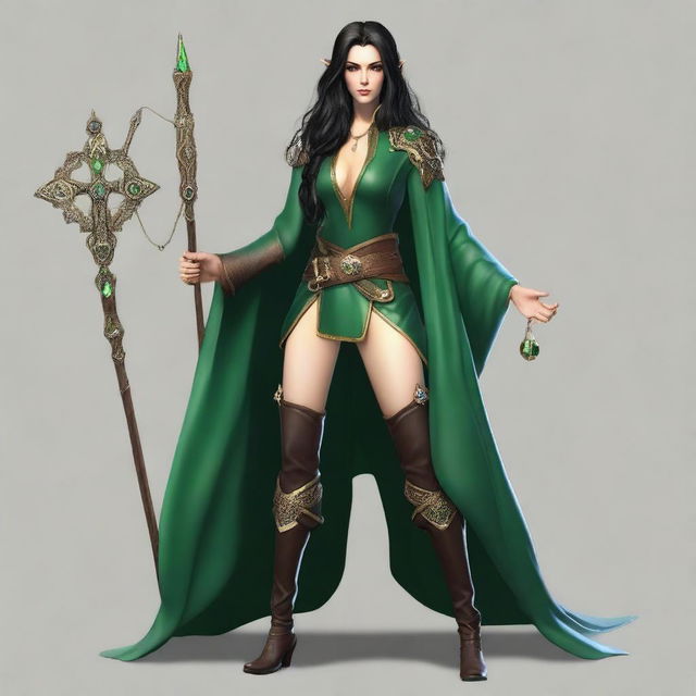 A tall and slender elf sorceress with dark hair and deep eyes