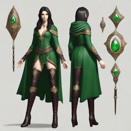 A tall and slender elf sorceress with dark hair and deep eyes