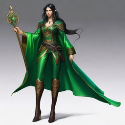 A tall and slender elf sorceress with dark hair and deep eyes