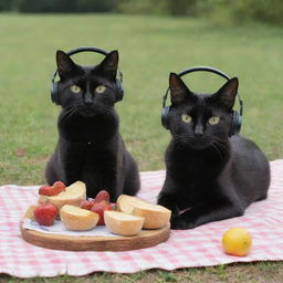 A pair of cats, one being a sleek black feline, both wearing headphones and relishing a serene picnic.