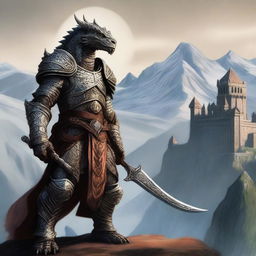 A majestic Dragonborn warrior, standing tall with scales glistening under the sunlight