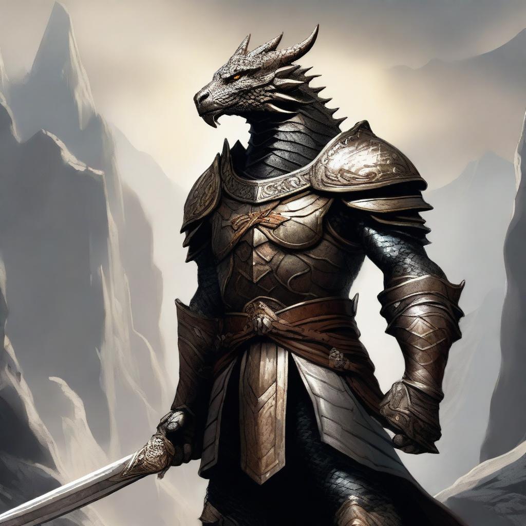 A majestic Dragonborn warrior, standing tall with scales glistening under the sunlight