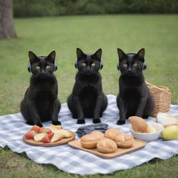 A pair of cats, one being a sleek black feline, both wearing headphones and relishing a serene picnic.