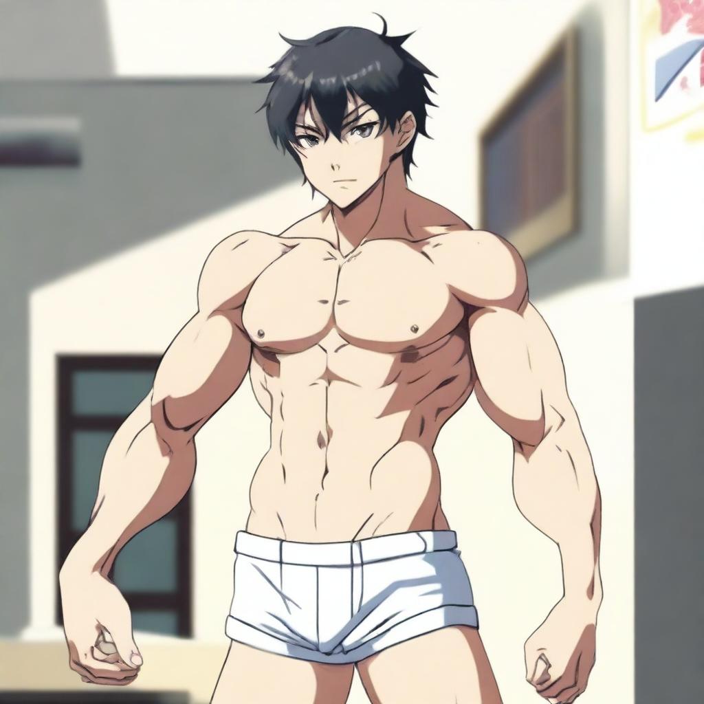 An anime boy standing confidently in his underwear