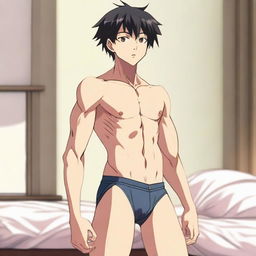 An anime boy standing confidently in his underwear