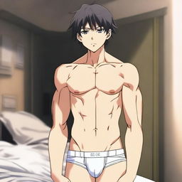 An anime boy standing confidently in his underwear