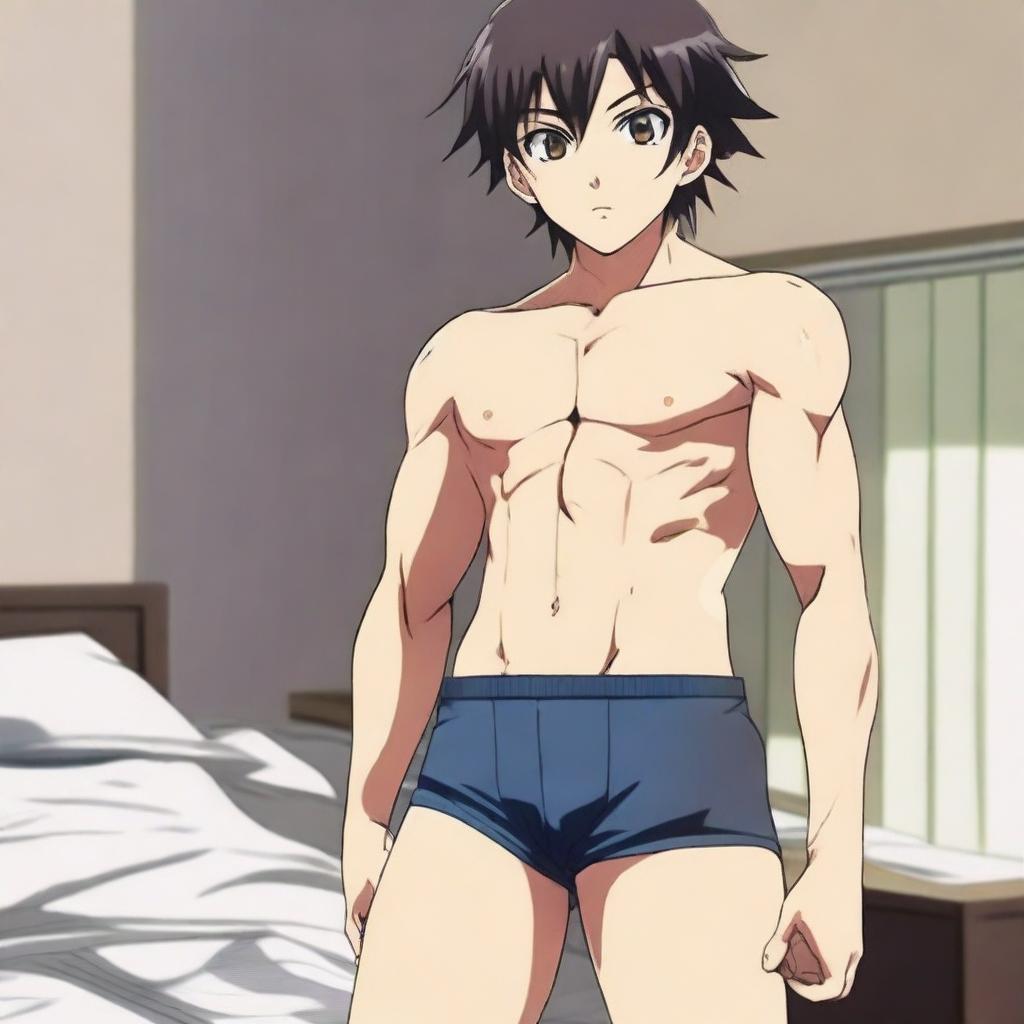 An anime boy standing confidently in his underwear