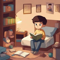 An animated boy is sitting on a bed in a cozy basement