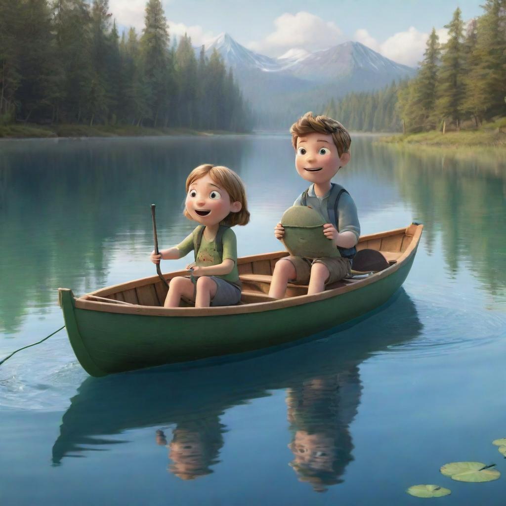 A less realistic, cartoon-style image showing Finn and Fiona in a little boat. They're gleefully casting their lines into the sparkling lake with a fishing rod in hand, anticipating the aquatic wonders to emerge.