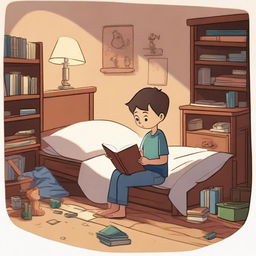 An animated boy is sitting on a bed in a cozy basement