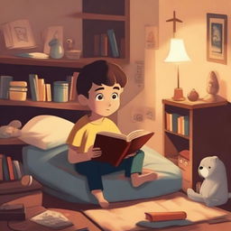 An animated boy is sitting on a bed in a cozy basement