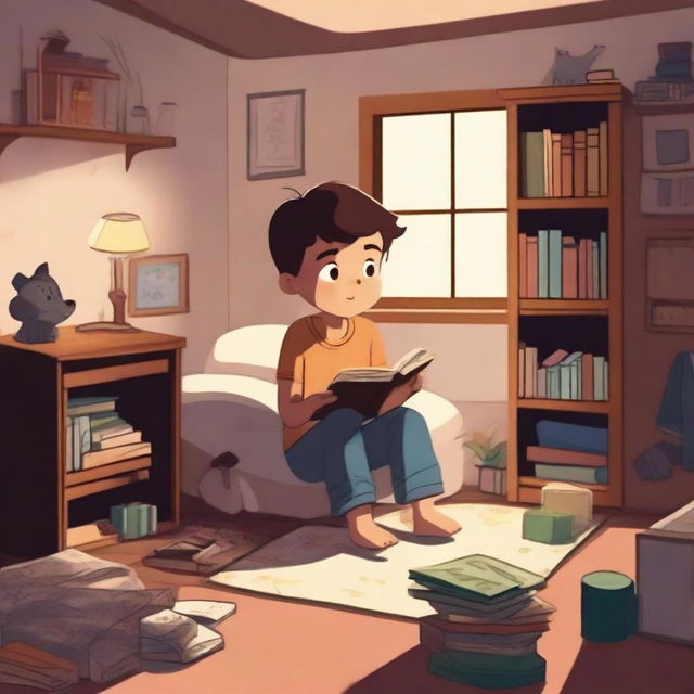 An animated boy is sitting on a bed in a cozy basement